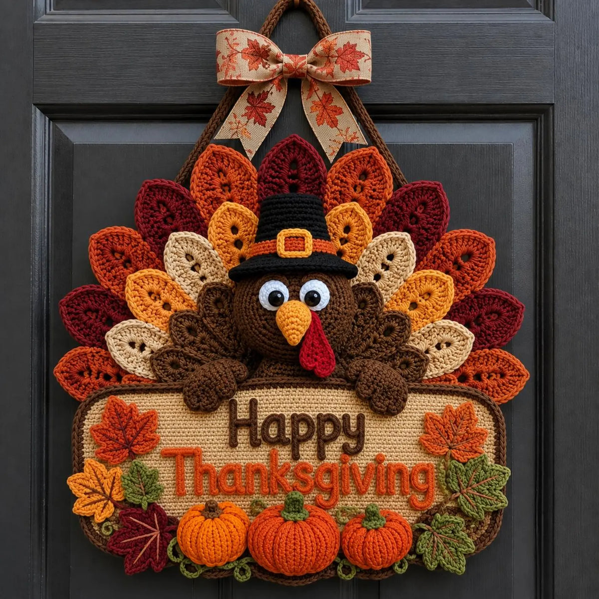 Crochet Turkey Door Hanger Pattern, Autumn Feathers, Pilgrim Hat (Digital Download)