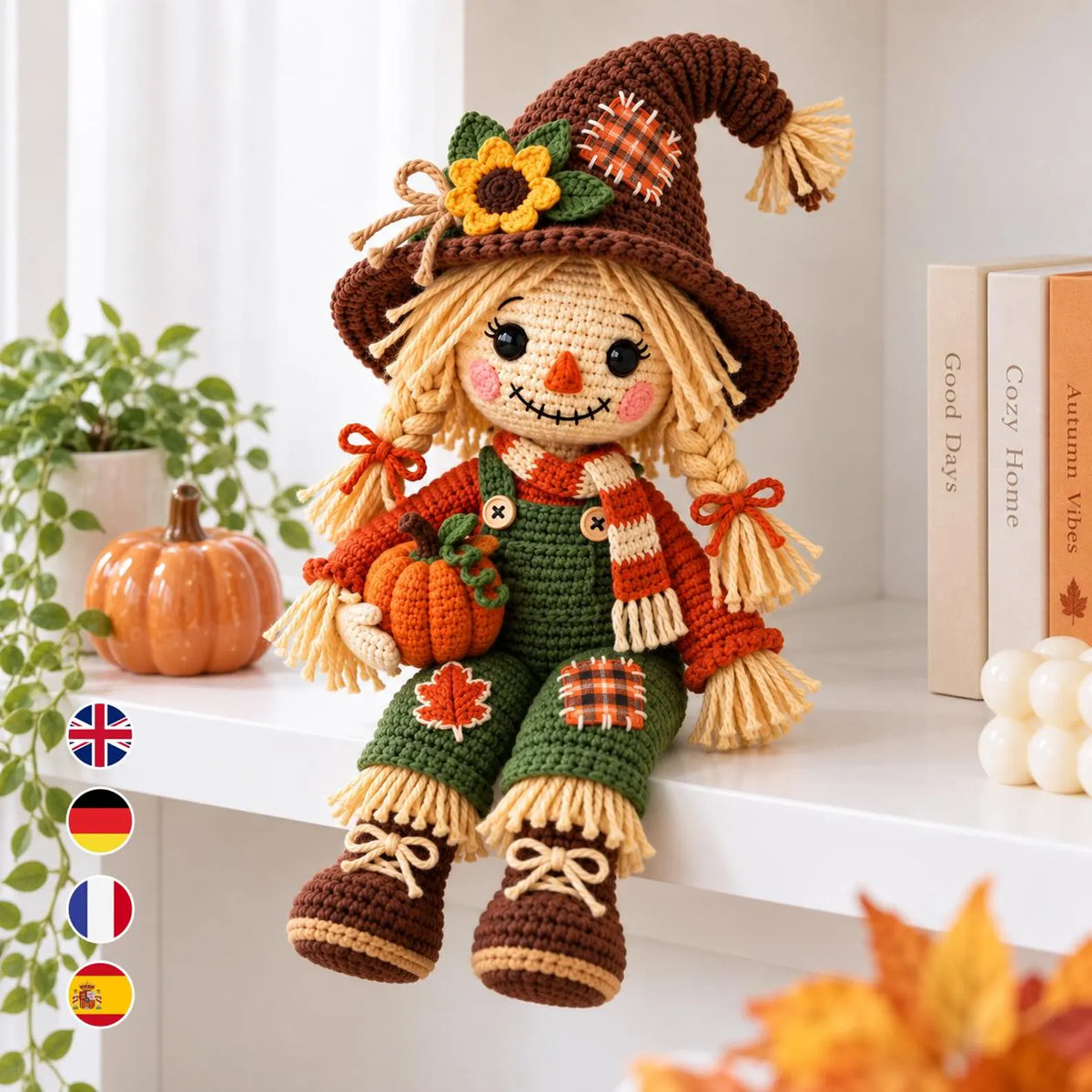 Crochet Scarecrow Pattern PDF, Fall Amigurumi Doll with Sunflower, Autumn Harvest Decor, Halloween Crochet Doll, Thanksgiving Pattern